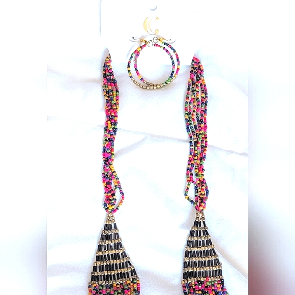 Charming Charlie 2pc. Rainbow Beaded Layered Statement Necklace Hoop Earring Set